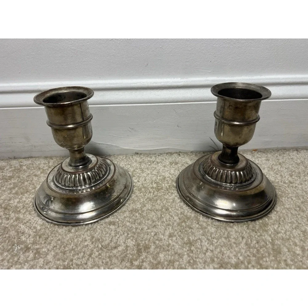 Set of Silverplate Antique Candlestick Holders 5.5 Tall Vintage - See Pics